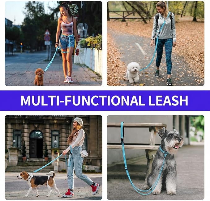 Kazazoo Hands-Free Dog Leash Adjustable Length 5-8 Ft Crossbody &Waist for Dog Walking, Running for Small &Medium Dogs with Reflective Strips, Ballistic Nylon, Waist Belt, Sky Blue