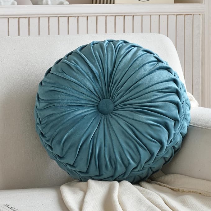 Teieas Round Throw Pillow Velvet Pleated Round Pillow Cushion Lake Blue | Boho pumpkin bed pillows,for bedroom,couch,chair,bed, car,home decoration 14.96''