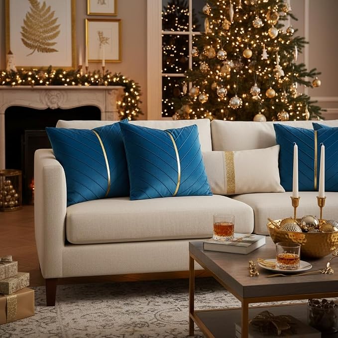 Velvet Throw Pillow Covers 16x16 Pack of 2 Gold Decor Lake Blue | Soft Solid Pillow Covers,Modern Luxury Home Decor,for Couch Chair Sofa Bedroom Livingroom,Hidden Zipper,Ideal Gift,Easy Care