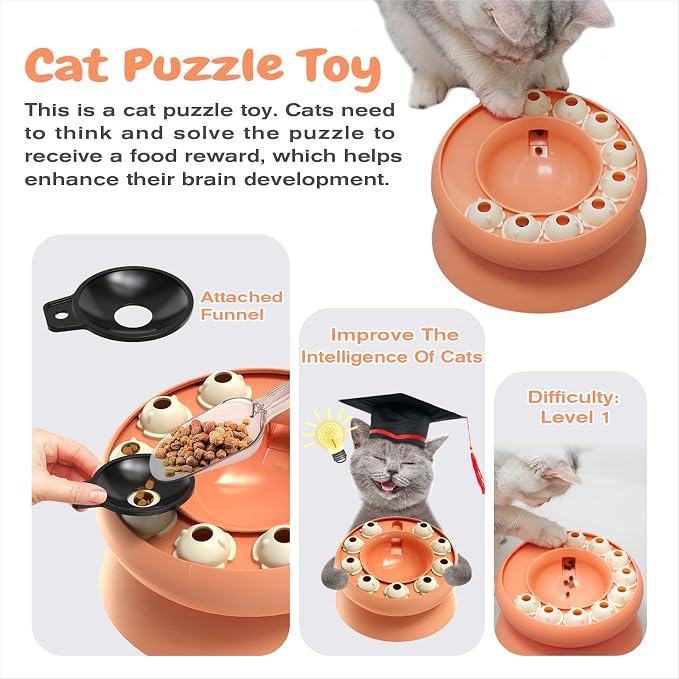KADTC Cat Puzzle Toy Slow Feeder Bowl for Fast Eater, Kitten Enrichment Toy | 15° Base Eases Deep Stooping, Keeps Chins Cleaner; Daily Brainwork Fights Boredom, Curbs Overeating, Supports Weight Control.
