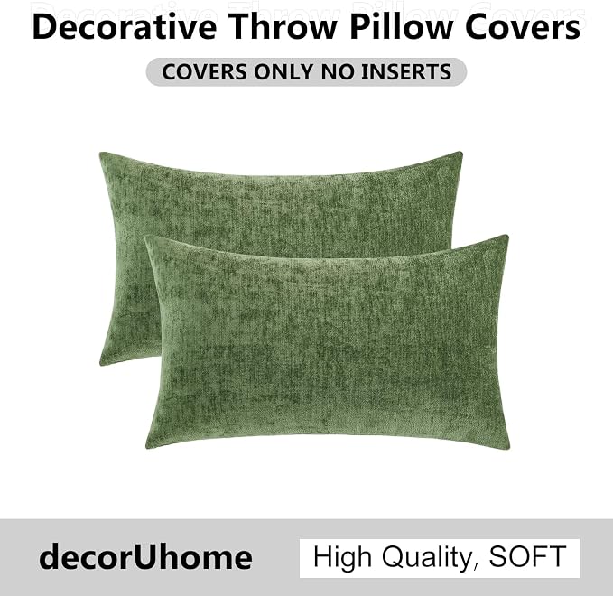 decorUhome Soft Chenille Olive Green Throw Pillow Covers 12X20 Set of 2 | Decorative Fall Couch Pillow Covers Solid Dyed Accent Modern Farmhouse Neutral Rectangle Pillow Cases for Sofa