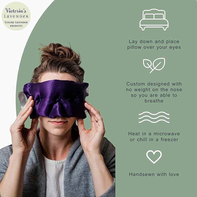 Victoria's Lavender Luxury Aromatherapy Lavender Eye Mask Pillow - Ideal for Hot or Cold Applications, Weighted Eye Compression, Meditation Silk Eye Mask, Made in the USA (Colors May Vary)