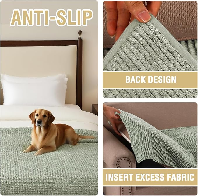 H.VERSAILTEX Plush Chenille Couch Cover for Dogs Pets Blanket for Bed Anti-Slip Soft and Durable Furniture Protector for Small Medium Large Cats Washable (52" x 82", Sea Foam)