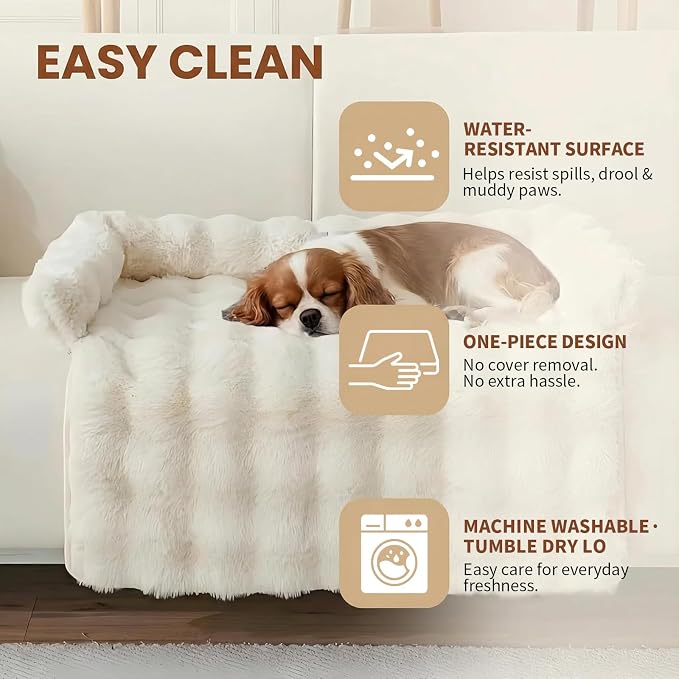 Calming Dog Bed for Couch, 29.5 x 29.5 inch, Dog Sofa Mat, Machine Washable | 3-Sided Bolster, Faux Rabbit Fur Plush, Non Slip Bottom, Water Resistant Furniture Protector for Small Medium Dogs & Cats