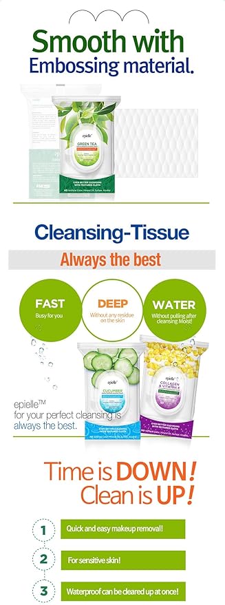 Epielle Green Tea Makeup Remover Wipes, Gentle Daily Facial Cleanser Towelettes, Remove Dirt, Oil & Waterproof Mascara, Stocking Stuffers, 60 Count (Pack of 2)
