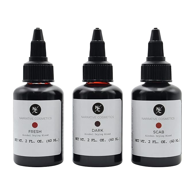 Narrative Cosmetics Alcohol Drying Blood, Ultra-Realistic Fake Liquid Blood, SFX Makeup for the Stage, Film, Halloween, and Cosplay - Dark, Fresh and Scab Blood Kit - 2oz Bottles