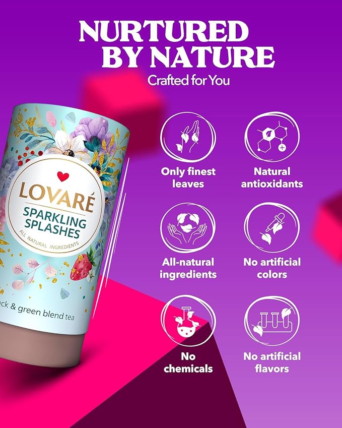 LOVARE Sparkling Splashes Loose Leaf Tea 80 g - Made in Ukraine - Black and Green Tea, Strawberry, Cornflower and Safflower Petals, Goji berries - Gift Box with 15 Paper Filters (Sparkling Splashes)