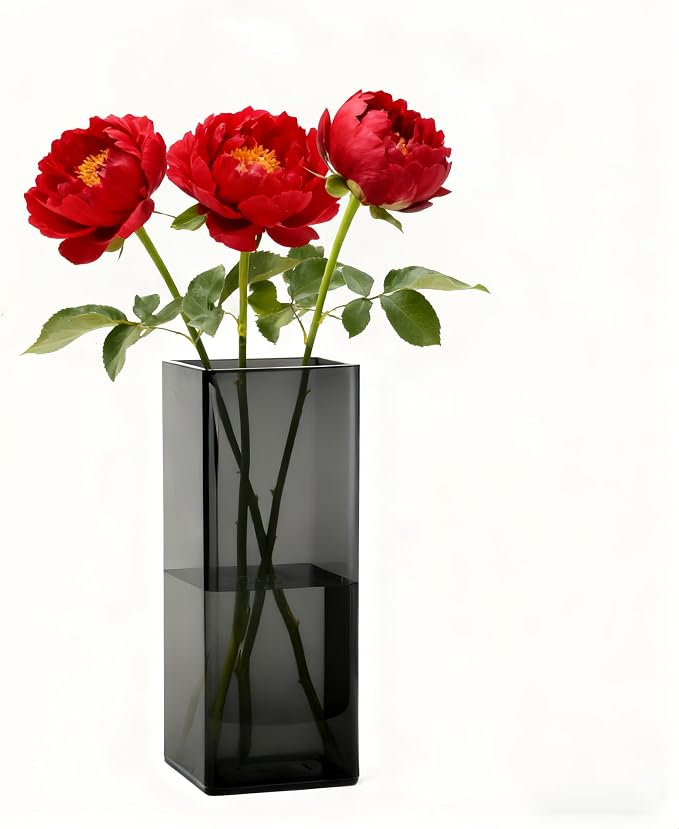 Acrylic Square Flower Vase, Non-breakable Vase, 4" x 4" x 8" Tall Grey Vases for Flower, Large Cube Floral Plant Container, Planter Terrarium for Wedding Party Event, Home Office Decor