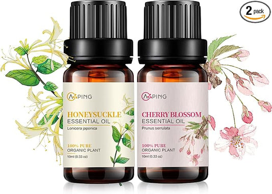 Cherry Blossom & Honeysuckle Essential Oils - 100% Pure Organic Natural Plant Oils for Diffuser, Aroma, Spa, Massage, Yoga, Perfume, 2x10ML