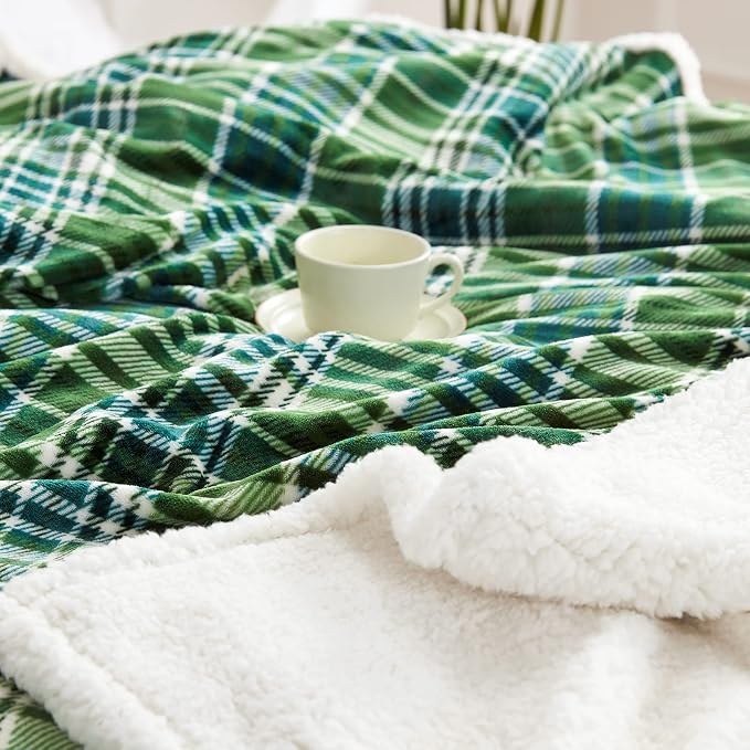 Sherpa Plaid Throw Blanket(60" X 70", Plaid Green), Fuzzy Fluffy Cozy Soft Blanket, Fleece Flannel Plush Twin Size Microfiber Blanket for Couch Bed Sofa