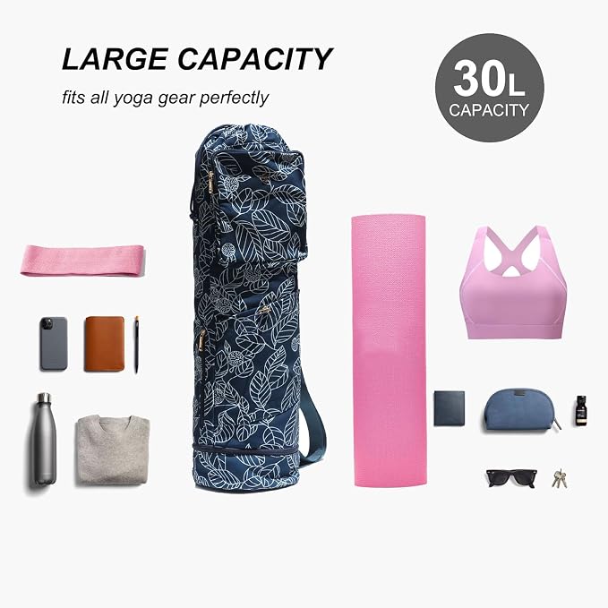 ESVAN Yoga Mat Bag with Multi Pockets Drawstring Yoga Mat Carrier Pilates Exercise Multi-Functional Storage Bag