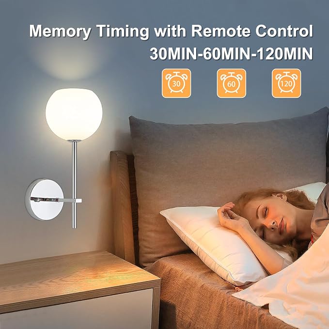 Chrome Battery Operated Wall Sconces Set of 2, Rechargeable Wireless Wall Lights with Milky White Frosted Glass, 12 RGB and 3CCT Dimmable, Wall Lamps with Remote for Bedroom Living Room Hallway