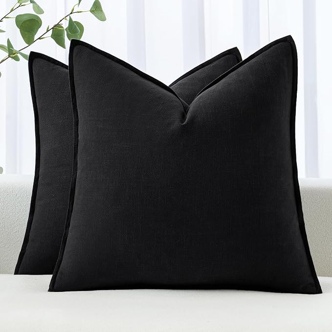 MIULEE Decorative Linen Euro Sham Pillow Covers 22x22 Inch Black | Boho Farmhouse Neutral Couch Throw Pillows for Bed, Pack of 2 Accent Modern Pillowcases, Sofa Livingroom Home Decor