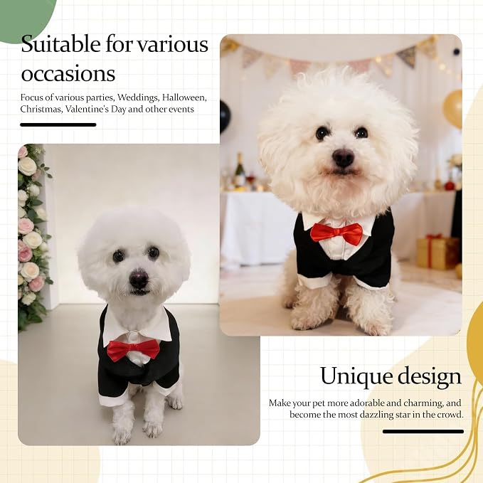 Dog Tuxedo Suit with Bow Tie Dog Shirt Puppy Clothes Formal Pet Tux Party Birthday Costume for Small Medium Dogs Pet Weding Attire Dress Up Cosplay Prince Costume Gentleman Apparel