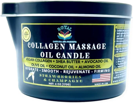 Royal Collagen Massage Oil Candle, Body Massage Oil Candle, Candle Massage Oil, Aromatherapy Candle, Couple Massage Oil Candle, 6 oz. with Pouring spout - Strawberries & Champagne Scent