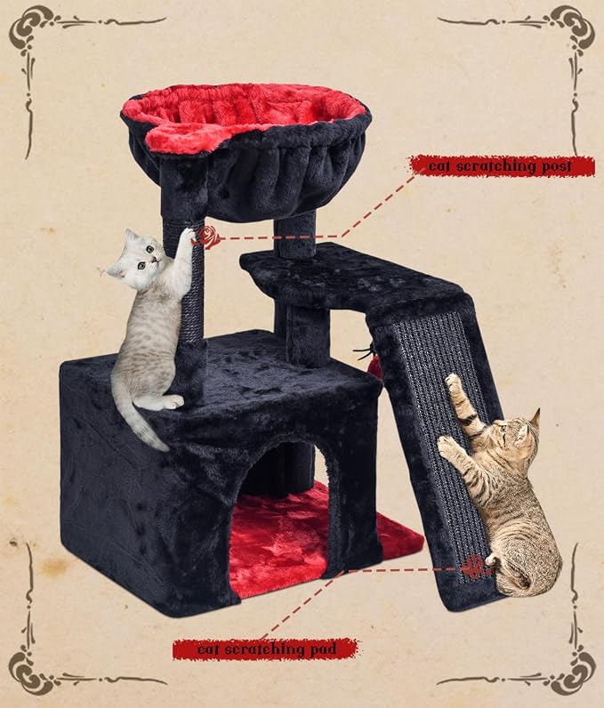 SYANDLVY Gothic Cat Tree for Indoor Cats Large Adult, Modern Activity Tower with Scratching Posts & Board, Condo with Plush Perch, Cradle & Hanging Ball & Spider for Play, Black