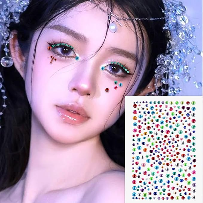 Self Adhesive Face Gems for Makeup, Festival Jewels, Hair Gems, Rhinestone Stickers for Face, Eye, Makeup, Body (mixcolor_6pcs)