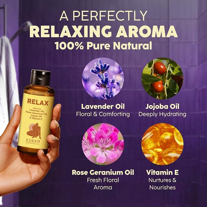 Kukka Relax Massage Oil (3.4 fl oz) & Aromatherapy Massage Oil (3.4 fl oz) Set - Body Oils for Women & Men - Spa Quality & Light Weight