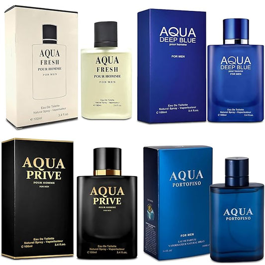 A CENTER Men's Cologne Gift Set 4 Pack Aqua Series - 3.4 Fl Oz Each | Vanilla Bourbon, Leather & Amber Floral Fragrance | Luxury Eau de Toilette Quartet