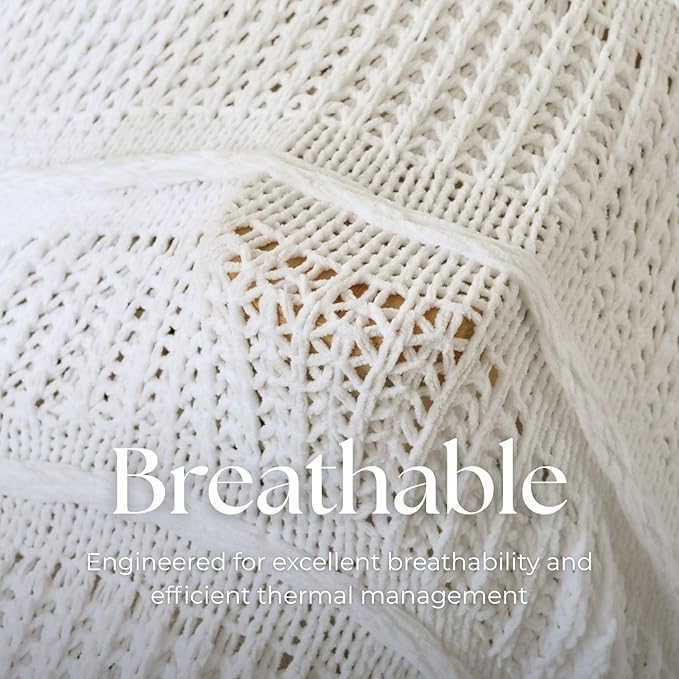 Boho Knitted Chenille Blanket with Tassels - Lightweight & Soft All-Season Throw - 3D Classic Pattern for Living Room Bedroom Couch, Cloud White, Throw 50"x60"