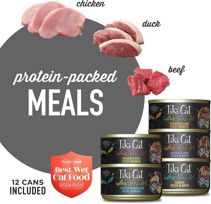 Tiki Cat After Dark Wet Cat Food, Variety Pack, 2.8 oz. Cans (12 Count) | High Protein with Organ Meat for Muscle Support, Grain-free, Supports Hydration, Non-GMO Ingredients, For All Life Stages