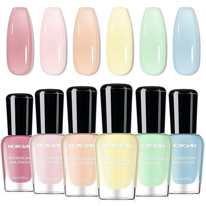 Morovan Jelly Nail Polish Set: Sheer Glass Pastel Macaron Spring Summer Fingernail Polish Kit Quick Air Dry Mini Milky Pink Light Blue Green Nail Polish DIY Manicure Art Salon Gift for Women Girls