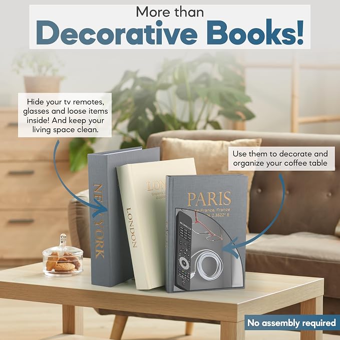 Faux Book Storage Box Set (Set of 3) – Decorative Faux Books with Hidden Storage for Coffee Table Decor, Bookshelf or Mantle – Linen Decorative Book Boxes – Aesthetic Decor for Homes