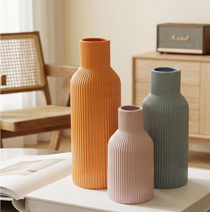 Colorful Ceramic Vases Set of 3, Smooth Round Vertical Ribbed,Minimalist for Pampas Dried & Fresh Flowers, Centerpiece for Living Room, Shelf, Entryway, Wedding(Pink, Blue, Orange)