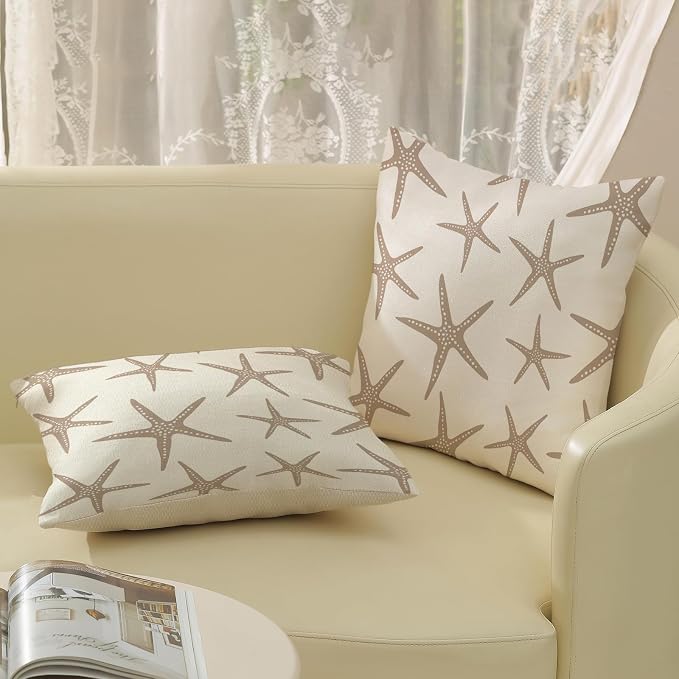 Brown Tan Starfish Pillow Covers 18x18 Inch Set of 2 Coastal Throw Pillows Spring Summer Nautical Ocean Theme Beach Decorative Pillow Cases Linen Outdoor Decor Cushion Case for Home Bedroom