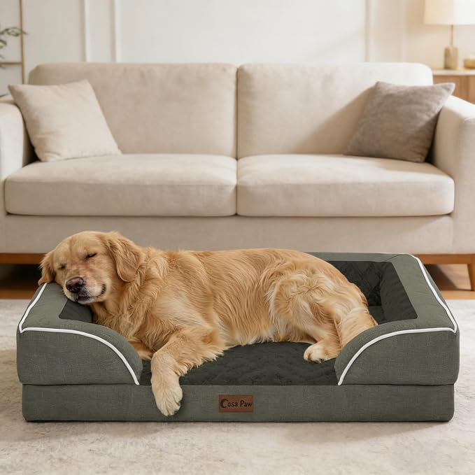 Orthopedic Washable Dog Bed for Medium Dogs, 35x22in, Dark Green | Orthopedic Foam Eases Joint Pressure, Bolsters Supports Head And Neck, Washable Pet Beds, Removable Cover, Non-Slip Bottom