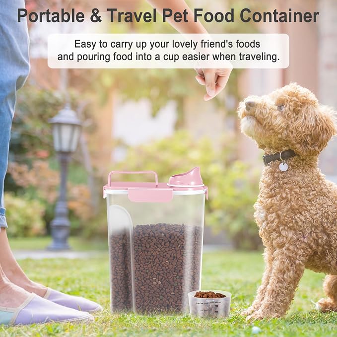Dog Cat Food Storage Container with Cup (Pink, 5L)