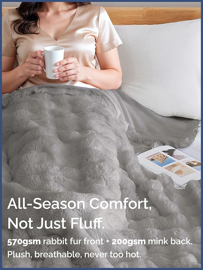 3D Fleece Bubble Blanket Twin Size - Rabbit Blanket - 60" x 80", Grey | Soft Fluffy Faux Fur Blanket for Couch Sofa & Chair, Cozy Gifts for Women, Tie Dye Cloud Throw Bed Cover, Thick Plush Bedding