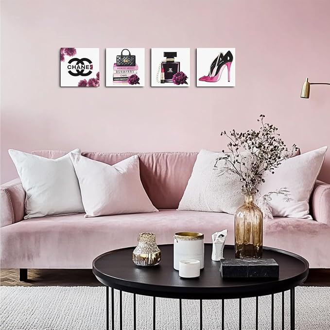 4 Pcs Framed Fashion Canvas Wall Art Pink Pictures Wall Decor | Aesthetic Posters Art Prints Artwork Pink for Women Teen Girls Room Bedroom Office Apartment Vogue Living Room Decor 8x8 Inch
