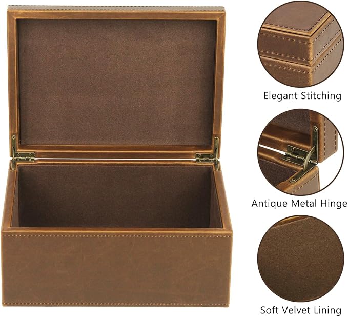 HofferRuffer Faux Leather Decorative Box, Large Wooden Structure Keepsake Box Accessory Organizer Jewelry Organizer with Hinged Lid, Storage Container for Home or Office (Brown)