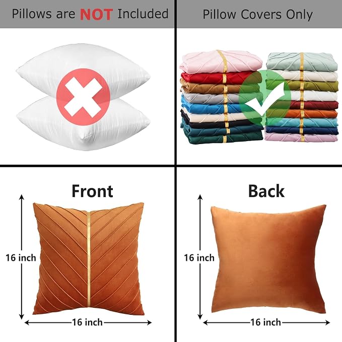 Velvet Throw Pillow Covers 16x16 Pack of 2 Gold Decor Burnt Orange | Soft Solid Pillow Covers,Modern Luxury Home Decor,Halloween Fall Decor,Hidden Zipper,Ideal Gift,Easy Care
