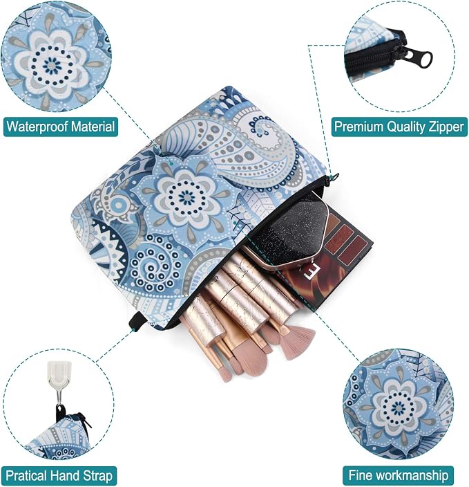MAGEFY Makeup Bags for Women, Portable Travel Cosmetic Bag with Black Zipper Pouch Waterproof Makeup Pouch Multifunctional Small Bag for Women (1 pack, blue flower 0175)