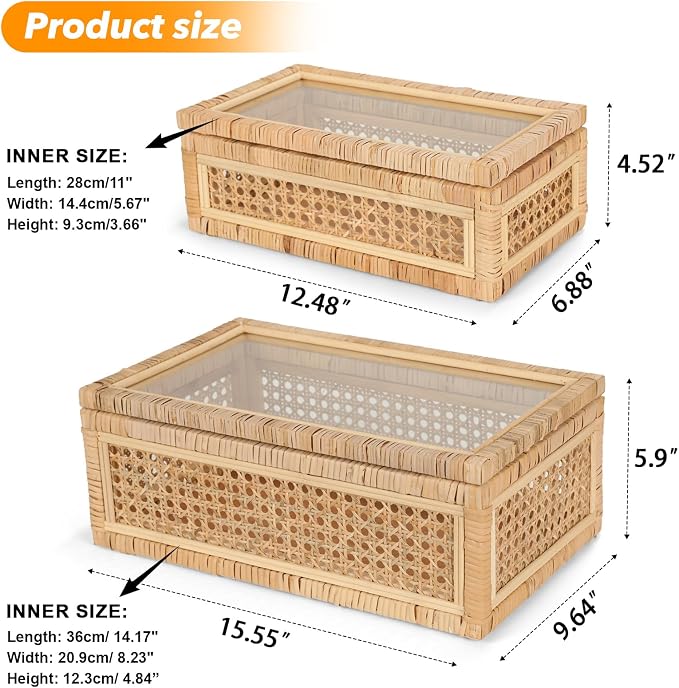 Large Handwoven Boho Rattan Display Boxes with Glass Lids Set of 2 | Rectangular Decorative Storage Bins Natural Woven Cane Home Decor Organizers (15.55" x 9.64" x 5.9" & 12.48" x 6.88" x 4.52")