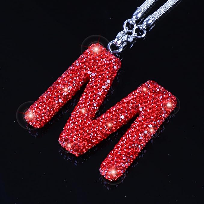 Red Bling Mirror Hanging Accessories, Diamond Crystal Rhinestone Letter M Car Hanging Ornament, Cute Lucky Bling Car Charm for Women (Red,M)