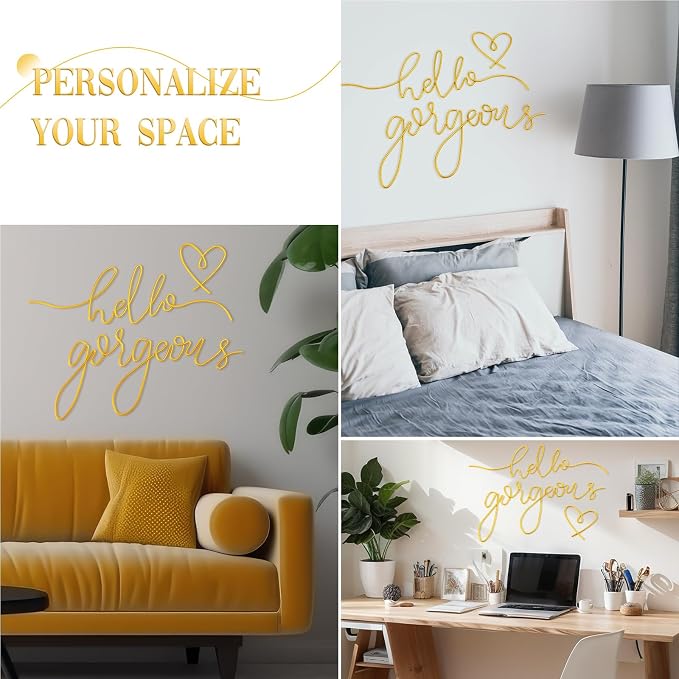Hicarer Metal Hello Gorgeous Wall Art Minimalist Wall Decor,Gold,Classic | for Bedroom Bathroom Living Room Dressing Room Salon Vanity Office Home Decoration, Easy to Install