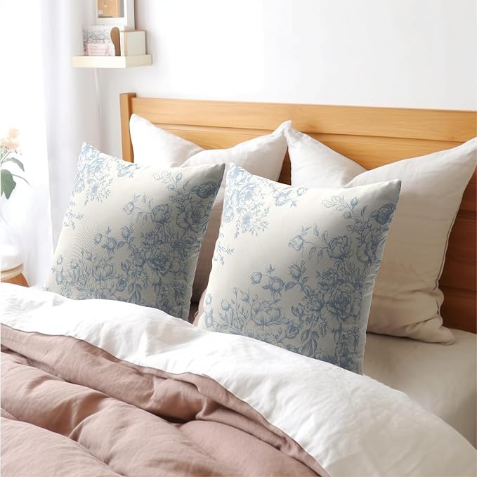Kawani Chinoiserie Flowers Throw Pillow Covers 22x22, Set of 2 Set Light Blue White Vintage Floral Accent Square Pillowcases Cotton Linen Cushion Cover for Couch Sofa Porch Home Decor
