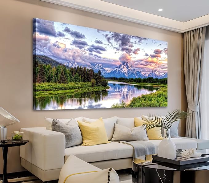 arteWOODS Landscape Canvas Wall Art Nature Picture Oxbow Bend Grand Teton National Park Modern Canvas Artwork River and Forest Contemporary Wall Art Large Size for Home Office Decoration 20" x 40"