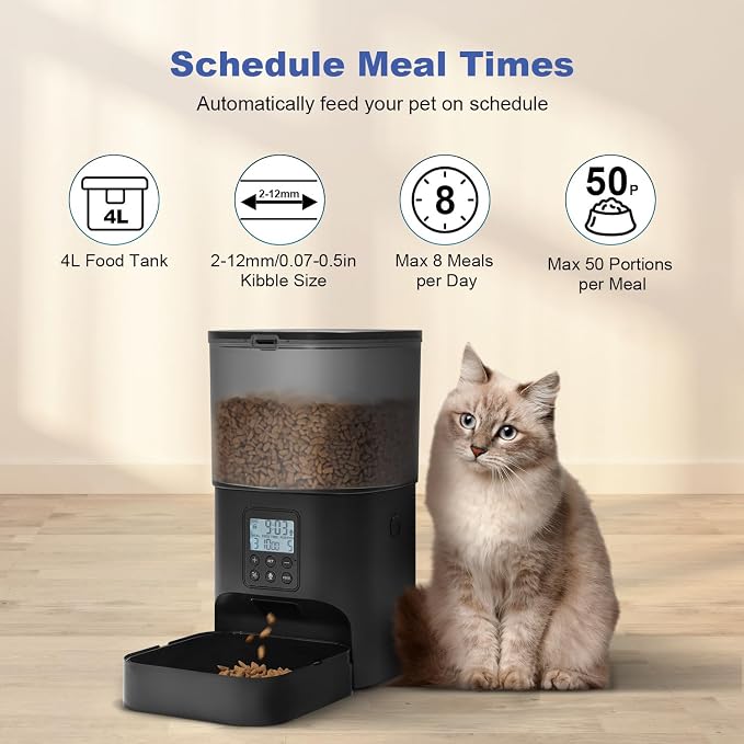 Automatic Cat Feeder, Cat Food Dispenser with 10s Voice Recorder, Pet Feeder up to 8 Meals per Day, Timed Feeder with Dry Food Sealed Ring