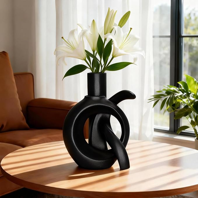 Assemble OK Ceramic Vase Set of 2 for Home Decor, Modern Boho Ins Style Matte Vase for Pampas Grass for Table Centerpiece, Living Room, Shelf, Mantle, Housewarming Gift (Black Vase)
