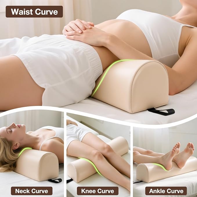 Noverlife 3/4 Round Knee Bolster for Massage Table, 26x6x6 in Massage Pillow for Legs w/Strap Handle, PU Leather Massage Table Leg Bolster Massage Therapy Bolster Pillow for Back Pain Relief - Beige