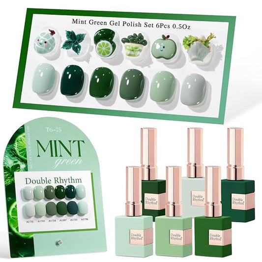Double Rhythm 6 Pcs 15 ML Gel Polish Set Same Color Same Bottle Soak Off Gel Polish Kit Nail Art Manicure Salon DIY at Home for Women (Dark Mint Frost Sage Green Gray-T6-75)