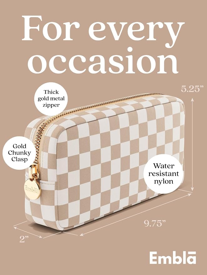Embla Makeup Bag Travel Cosmetics Pouch and Toiletry Bag, Nylon Zipper Pouch Purse, Cute Make Up Organizer Storage Tote for Women Girls, Travel Skincare Case, Small Makeup Case, Sand Checkered