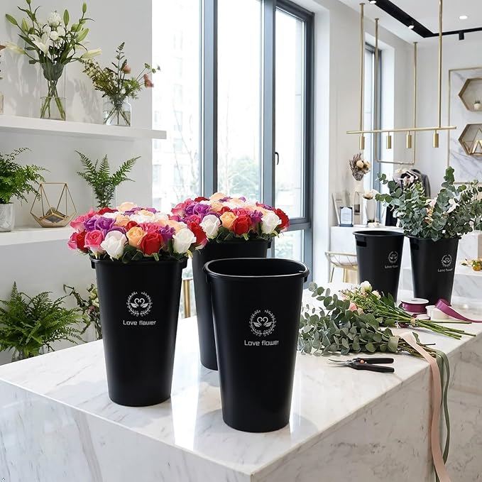 Teyyvn Floral Buckets, 4-Pack Tall Plastic Flower Containers, Black | 19.92 Inch, Durable Vase Buckets for Fresh-Cut Flowers, Arrangements, Wedding, Event, and Retail Display