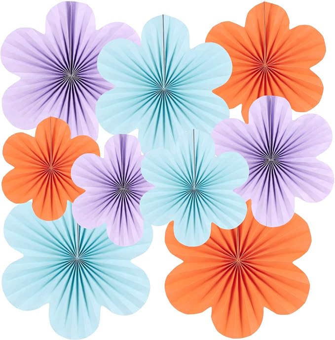 SUNBEAUTY 9 Pcs Paper Flowers Decorations for Wall, Blue and Orange for Wall Paper Flower Fan Classroom Decoration Paper Floral Backdrop Decor Paper Fans Decoration Hanging Paper Flower Wall Decor