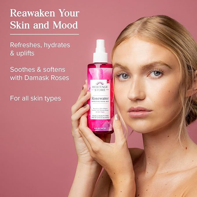 HERITAGE STORE Rosewater 2-Pack - Refreshing Face Mist w/Damask Rose, All Skin Types - Hydrating Rose Water Spray for Glowing Skin, No Dyes or Alcohol, Hypoallergenic, Vegan, 60-Day Guarantee, 8oz ea