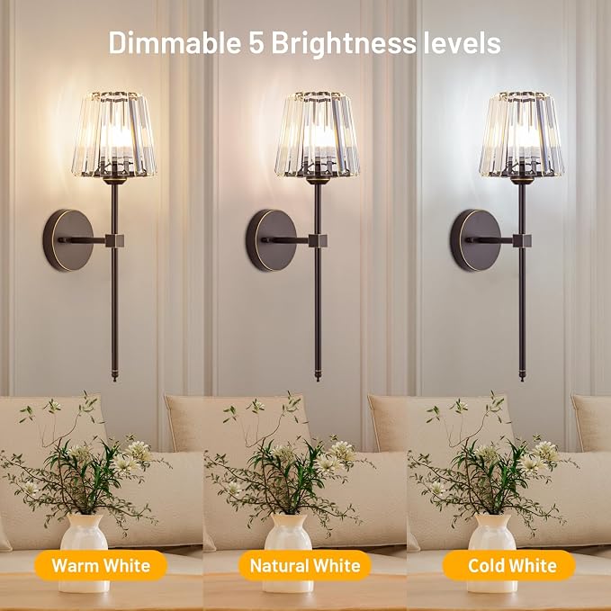 Crystal Battery Operated Wall Sconces Set of 2, Brown and Gold Rechargeable Wireless Wall Lights with Crystal Lampshade, 12 RGB and 3CCT Dimmable Wall Lamps with Remote for Bedroom Living Room Hallway